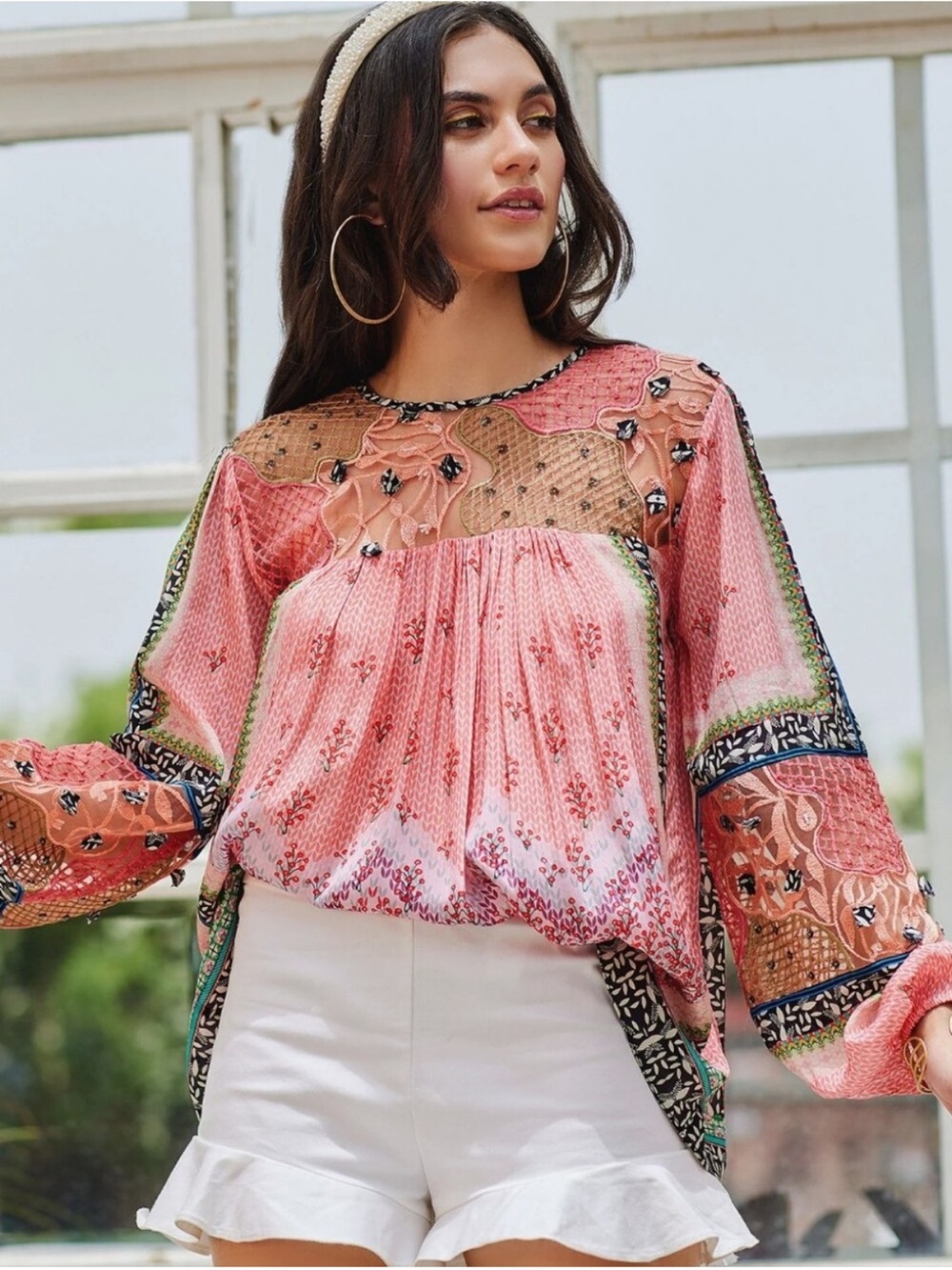 Bhanuni by Jyoti Rosario Embroider Blouse in Pink Multi Long Sleeve Women Small